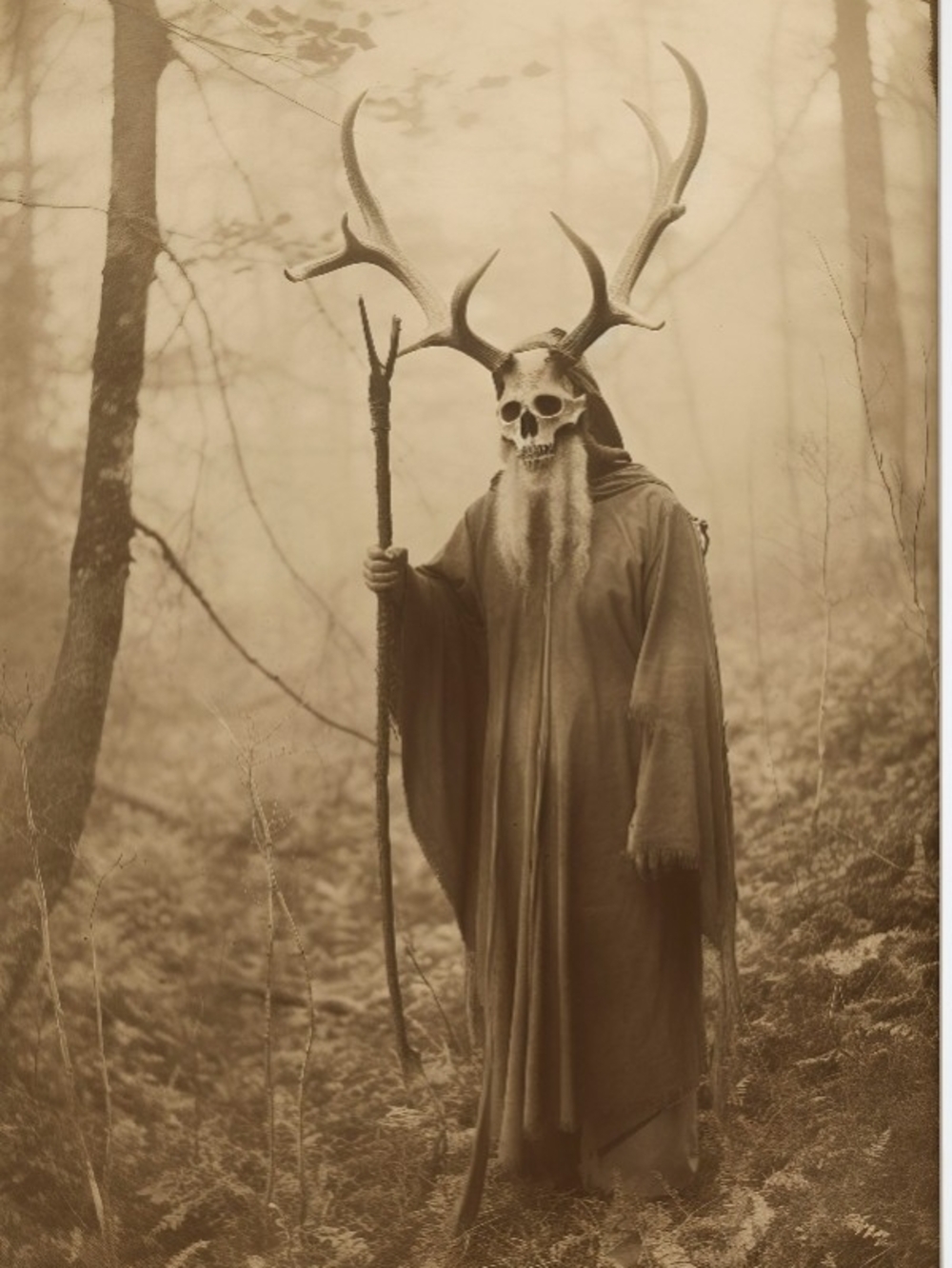 Vintage Style Folk Horror Canvas Print - Antlered Shaman Druid Forest Wall Art
